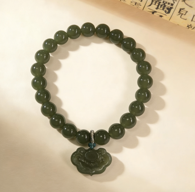 天然和田玉如意锁绿色多样性--089深色百搭女士气质手工单圈