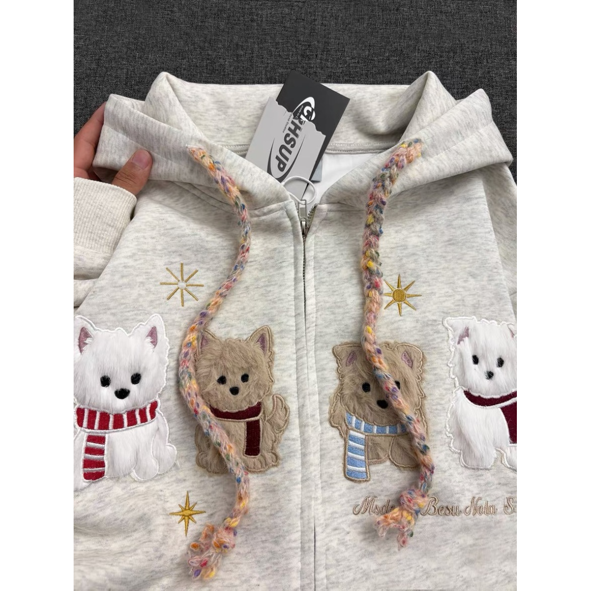 美式复古植绒刺绣小狗开衫连帽卫衣女男秋季宽松显瘦慵懒休闲外套