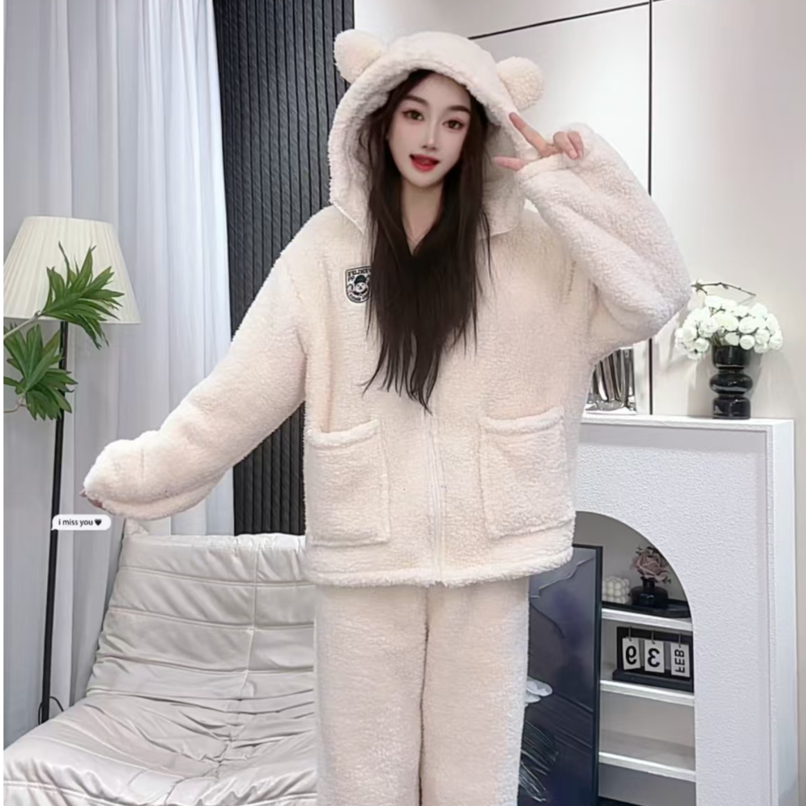 【北羔绒加厚】秋冬季连帽小熊加绒北羔绒保暖家居服情侣家居可外穿