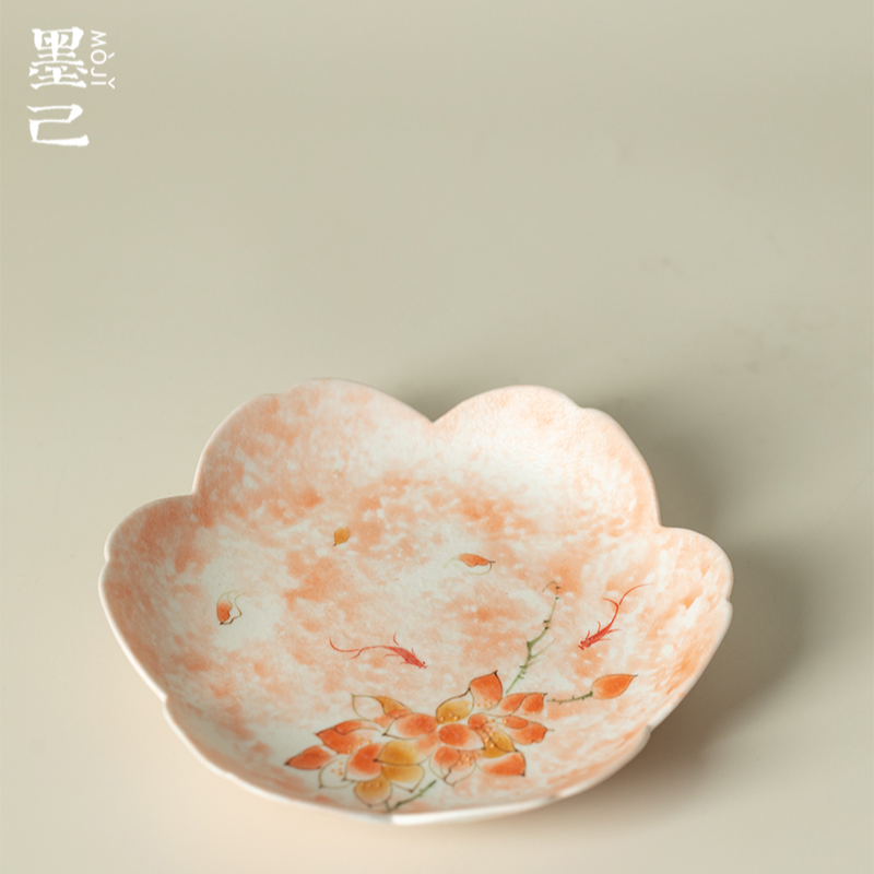 墨己雪花白手绘雾粉玉兰陶瓷壶承高档妙芙花瓣壶承功夫茶具配件
