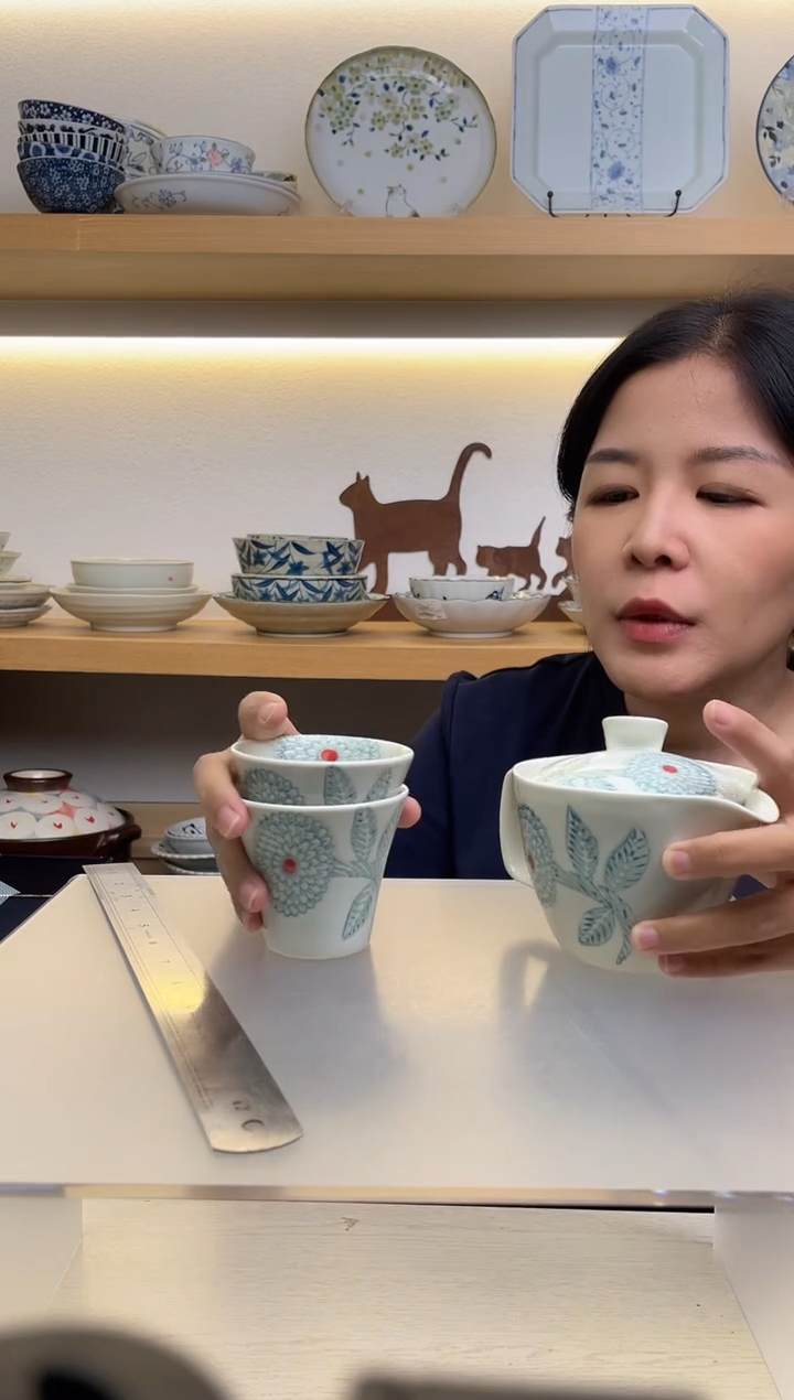 瓷片勋山窑 一壶两杯茶具 绿色大丽花