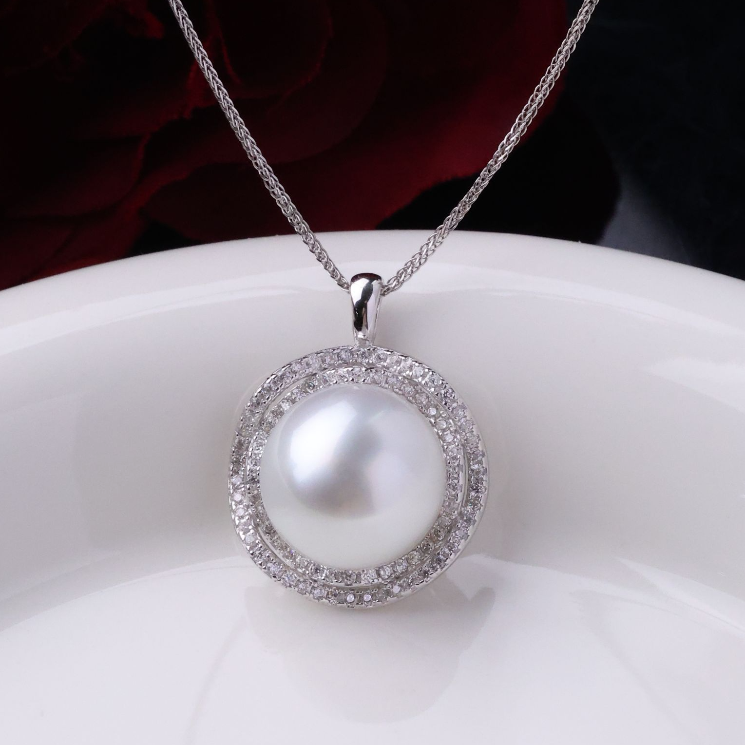 澳白海水珍珠吊坠13-14mmS925银镶时尚山茶花珍珠吊坠*多样性发一