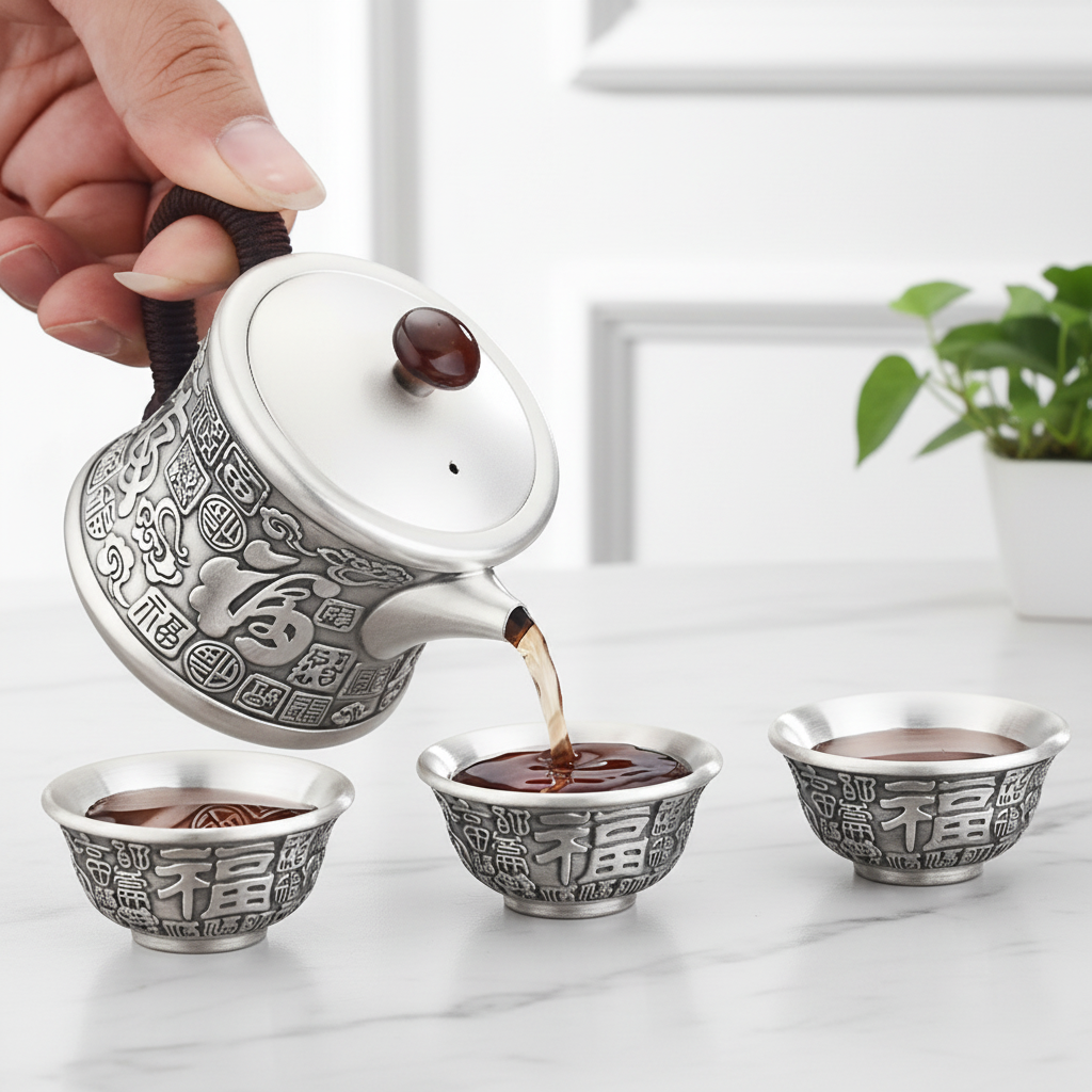 年货节 足银茶壶百福迷你隔热便携式茶具复古足银茶壶茶具套装