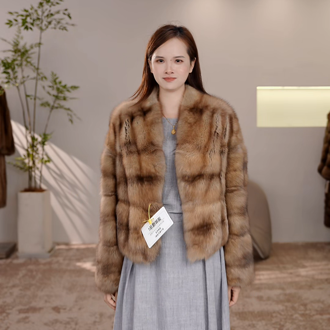 【华丽园】俄罗斯紫貂短款V领横排进口水貂保暖水貂时尚休闲