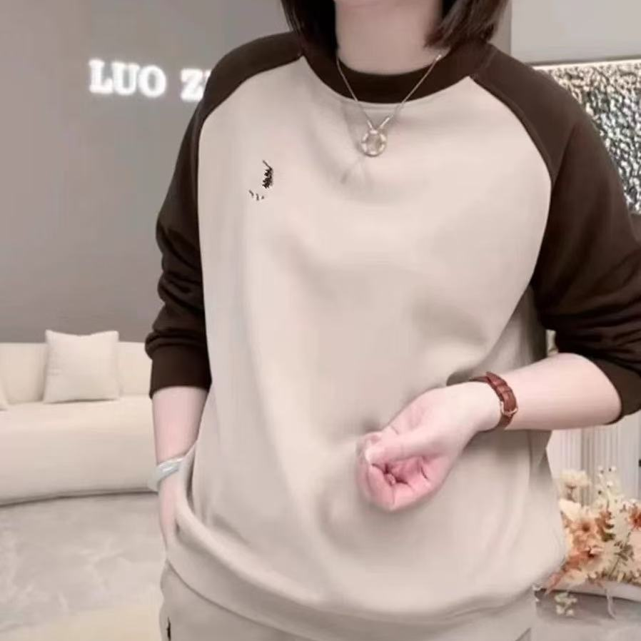 法式撞色刺绣摇粒绒圆领卫衣