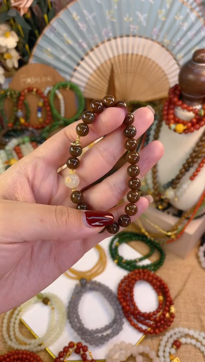 【闪购商品】和田玉手串18K金镶嵌糖玉