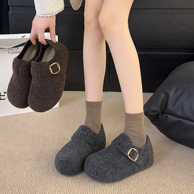 厚底增高灰色加绒勃肯鞋女2025秋冬新款毛呢鞋小个子保暖博肯棉鞋