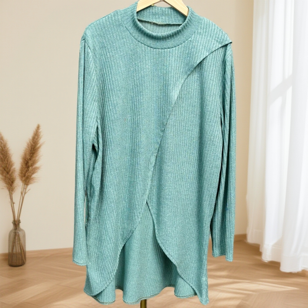 581秋冬提夫尼蓝高领前双层开叉宽松立领大码上衣女