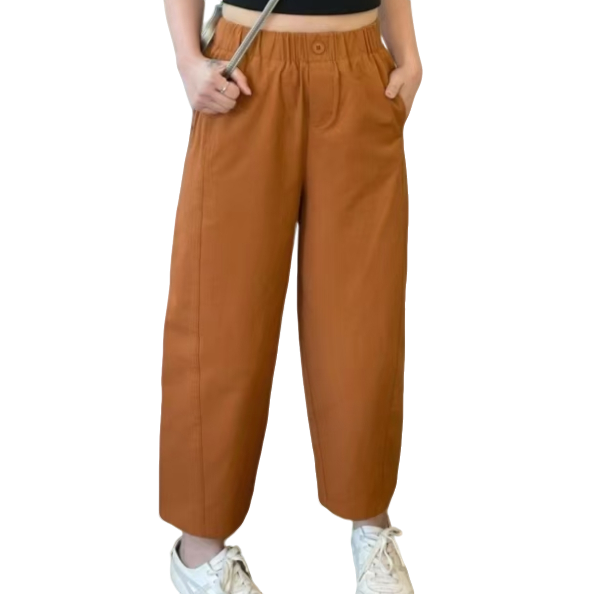 【洋玉服饰】2025夏季新款轻奢减龄纯色松紧高腰窄版小哈伦九分裤