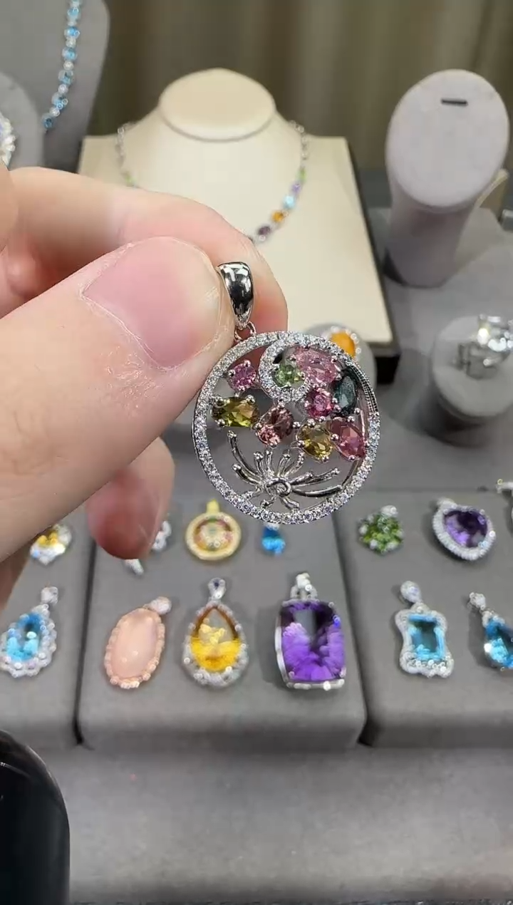 颈饰银S925镶嵌碧玺19mm吊坠设计款多样性发一