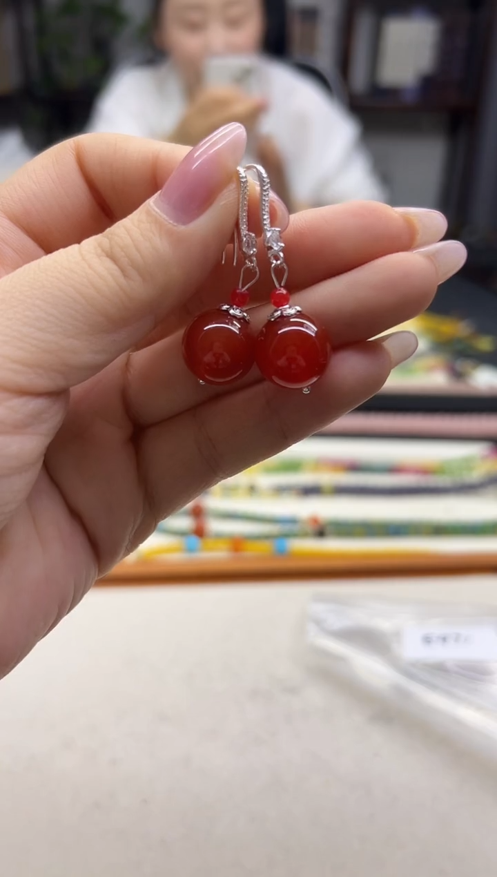 银S925镶嵌南红玛瑙耳饰DIY款E971