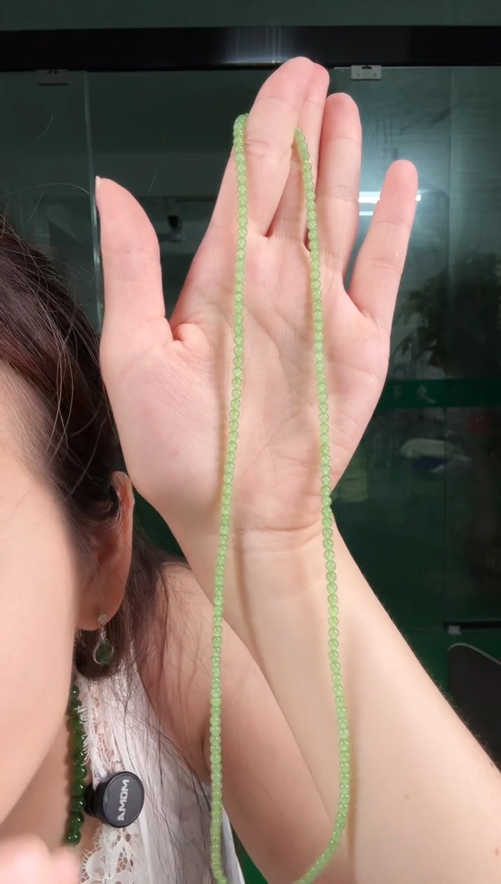 项链未镶嵌和田玉（碧玉）碧玉3mm乌兰海苹果绿小米链