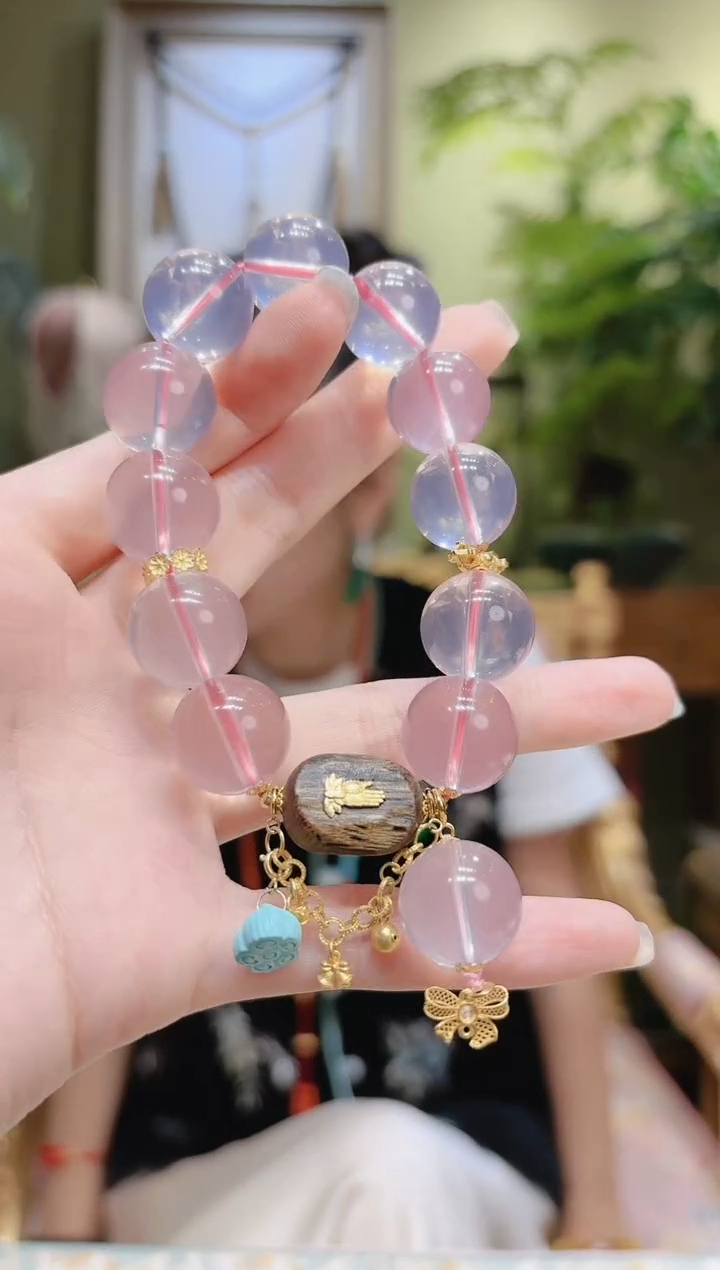 【闪购商品】水晶手串18K金镶嵌单珠提溜粉水晶手串