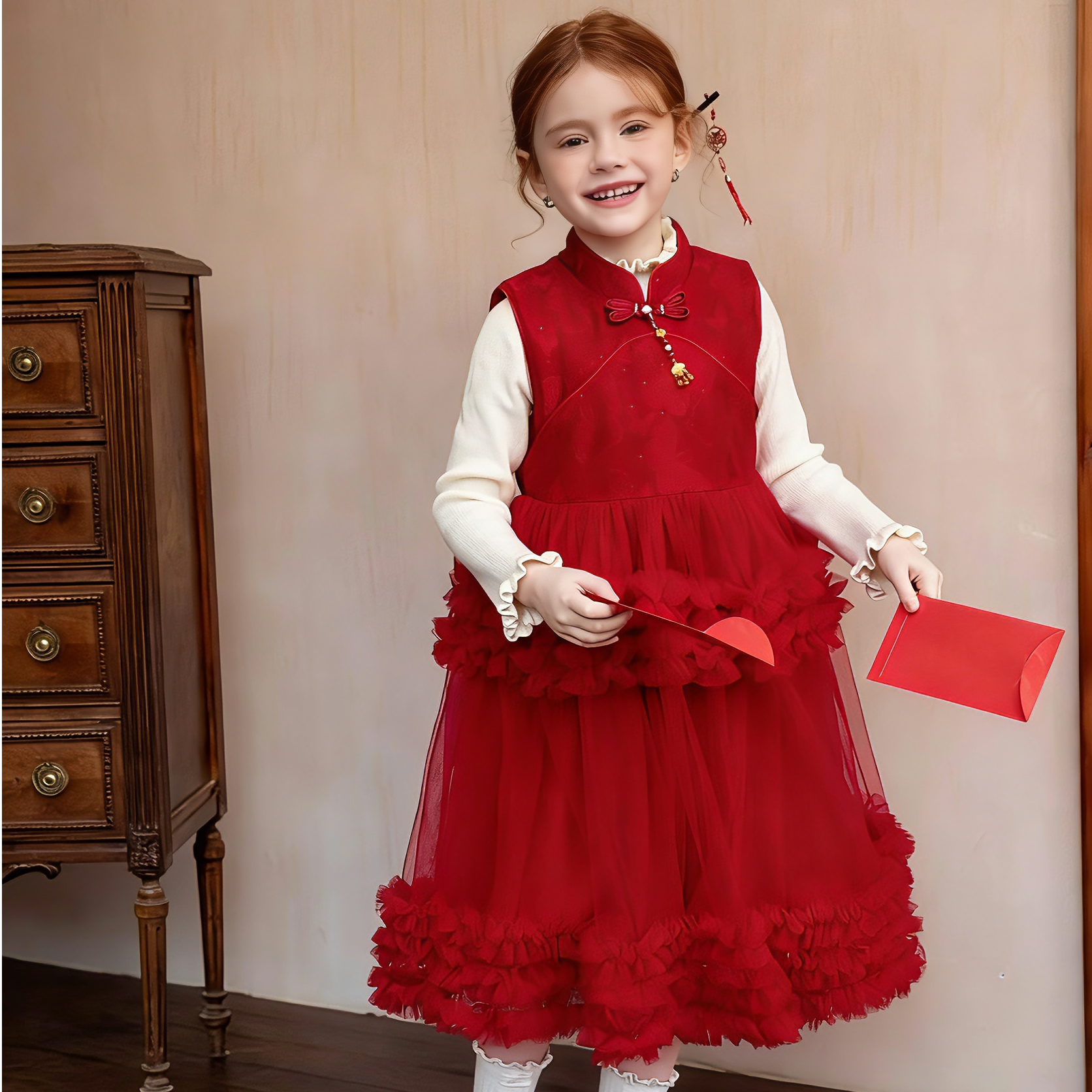 女童2025新款年服裙子 加绒加厚背心公主裙小女孩新中式国风年服