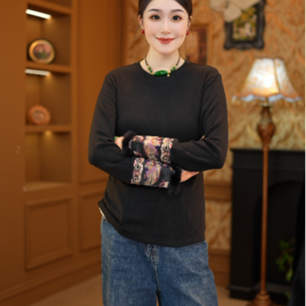 中式国风刺绣长袖打底衫上衣保暖秋冬款2025B30101-美美玫瑰仓