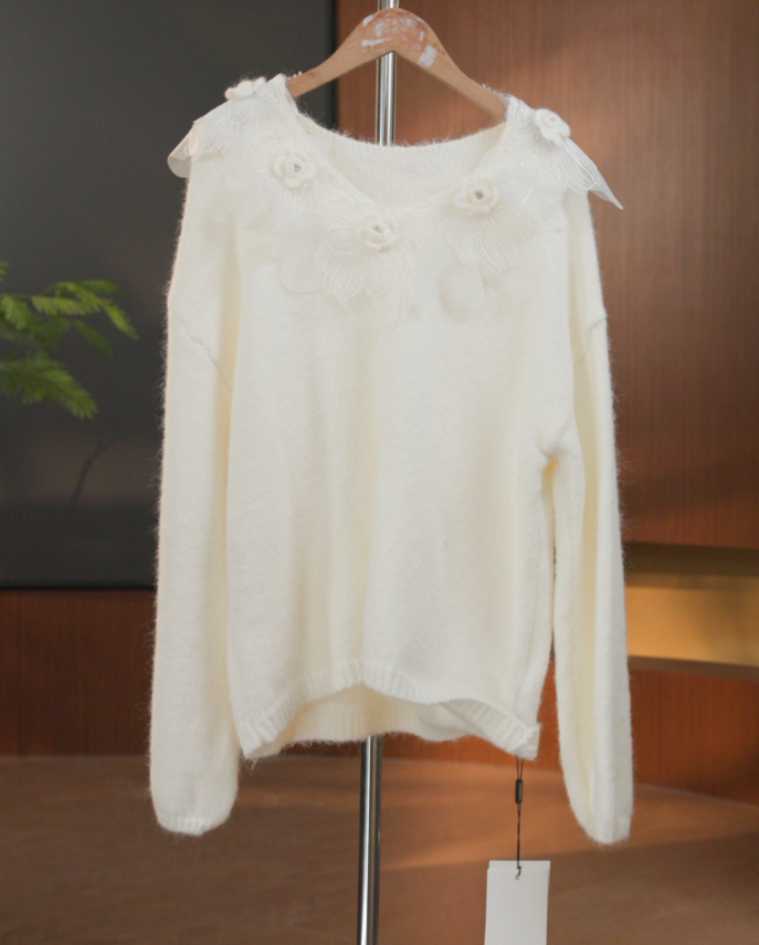 829-89156杏 秋季慵懒风V领毛针织衫女装百搭