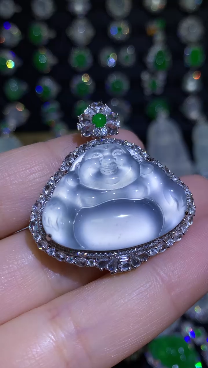 【闪购商品】翡翠颈饰18K金镶嵌玻璃种木那雪花棉弥勒佛后盖可拆卸