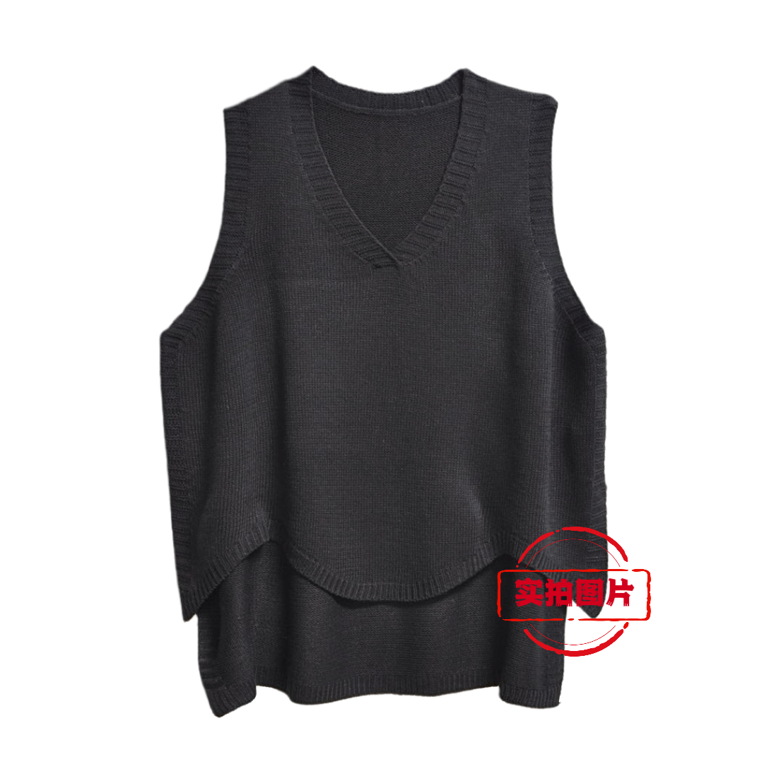 工字型款百搭中长款休闲V领纯色针织马夹无袖背心透气女士法式