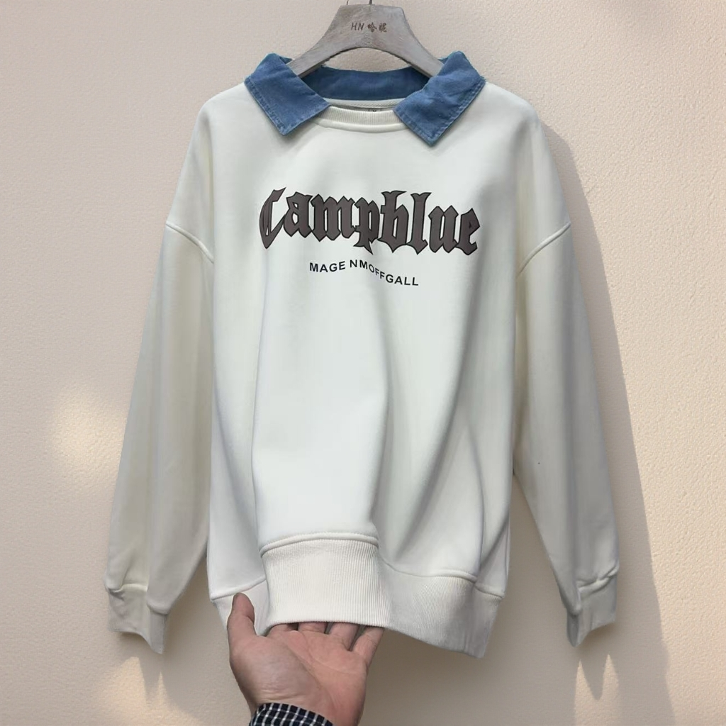 5307#【衣长62左右】秋冬款Polo领牛仔拼接字母印花加绒休闲卫衣