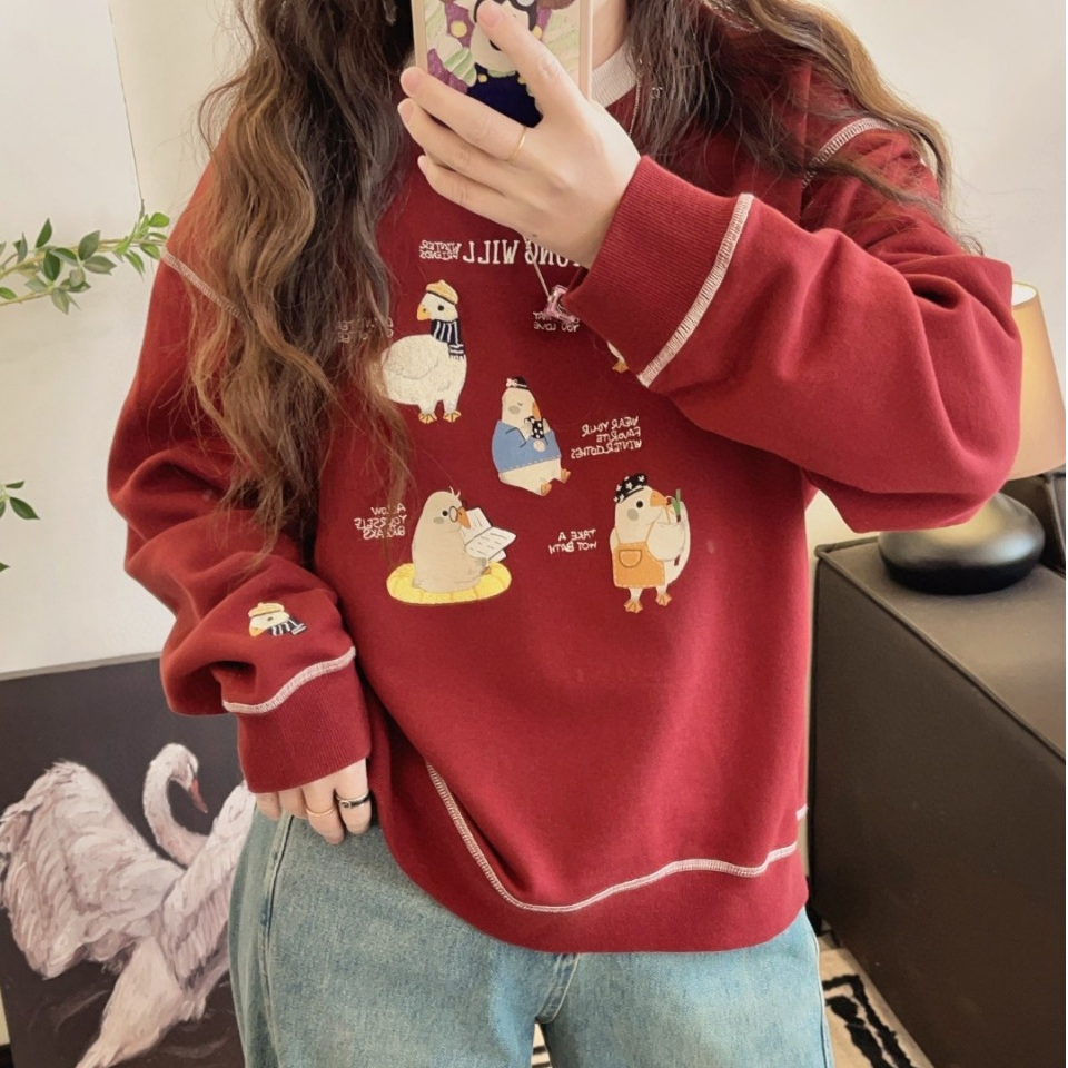 纸袋家秋季「刺绣印花努力鸭撞色线拼色领卫衣」6370纯棉毛圈上衣