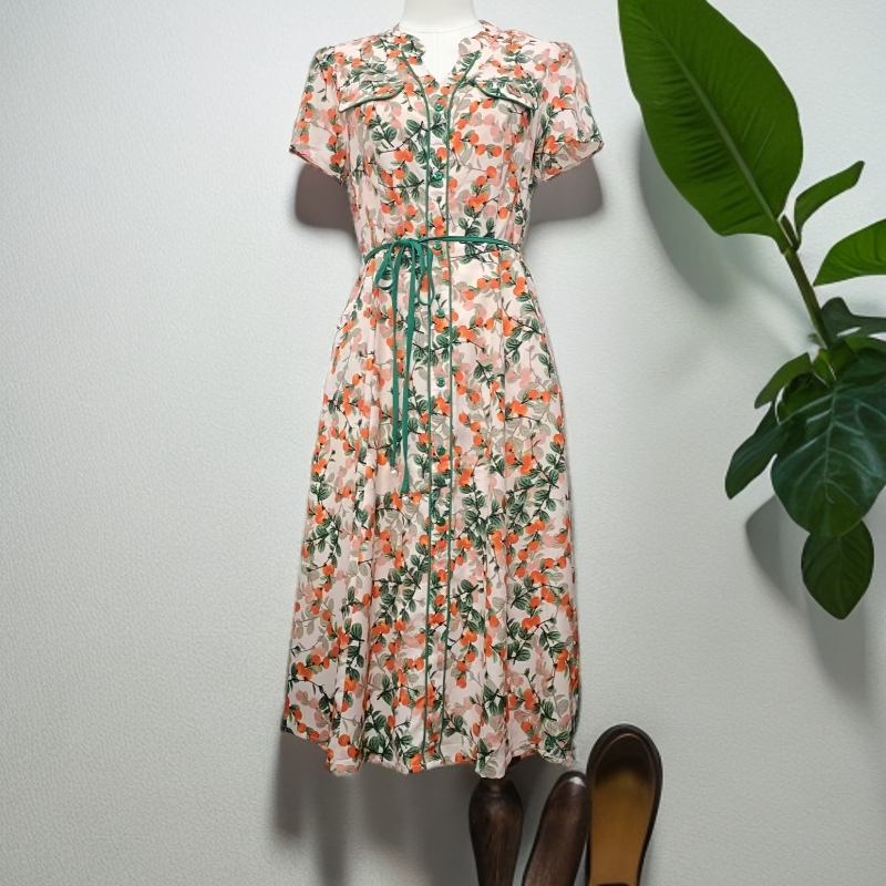 夏季V领时尚减龄系带收腰樱桃印花连衣裙F081