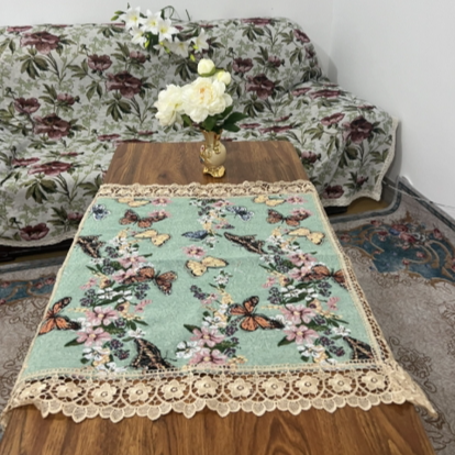 ZN111-83棉麻【75*75】绿蝴蝶水溶花边棉麻交织布棉边桌布茶几布