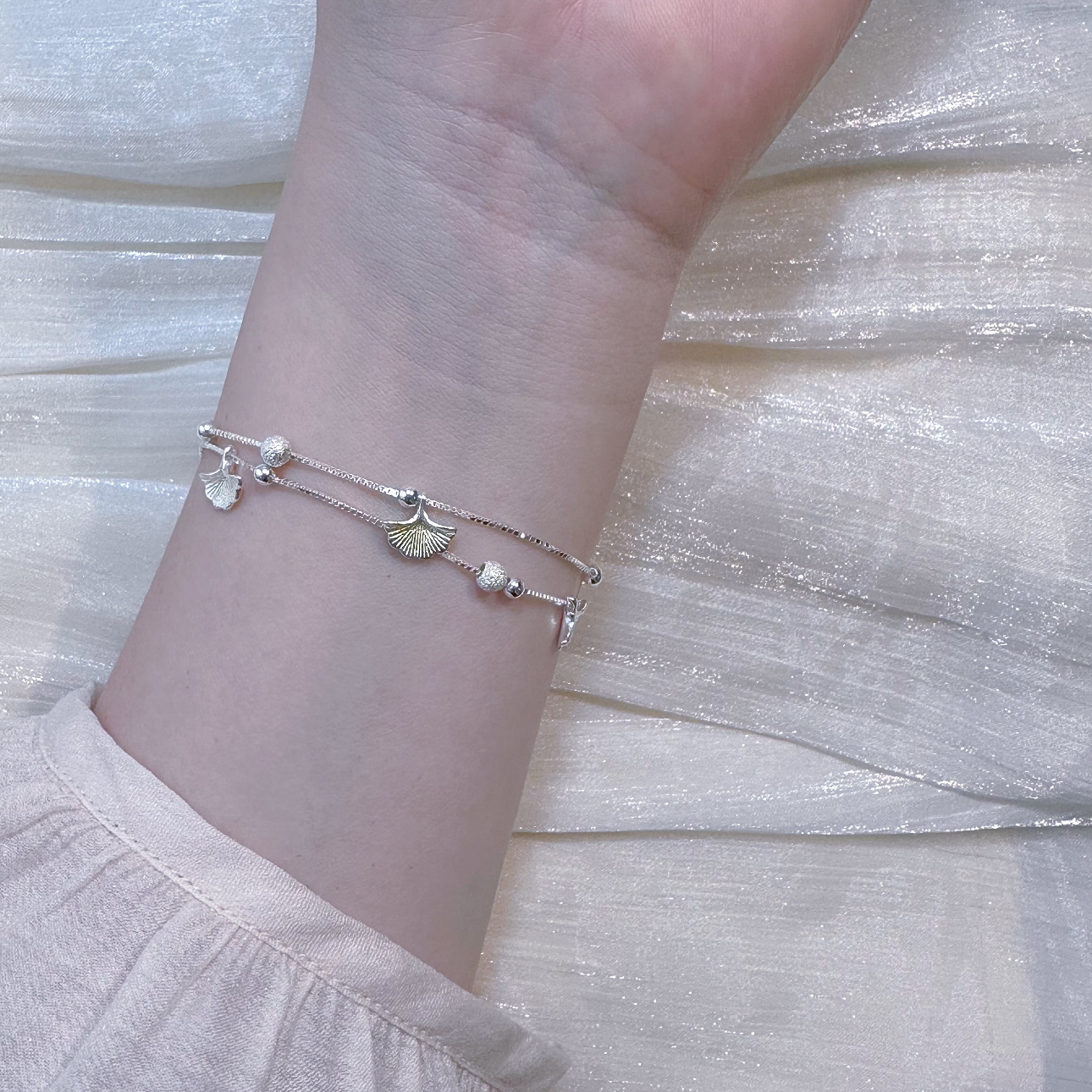 通体  999足银同款  28150银杏叶双层叠戴手链