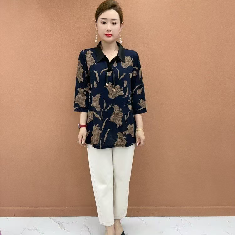 25年新款轻职风中老年女装衬衫遮肚显瘦夏秋季中袖翻领套头加大码