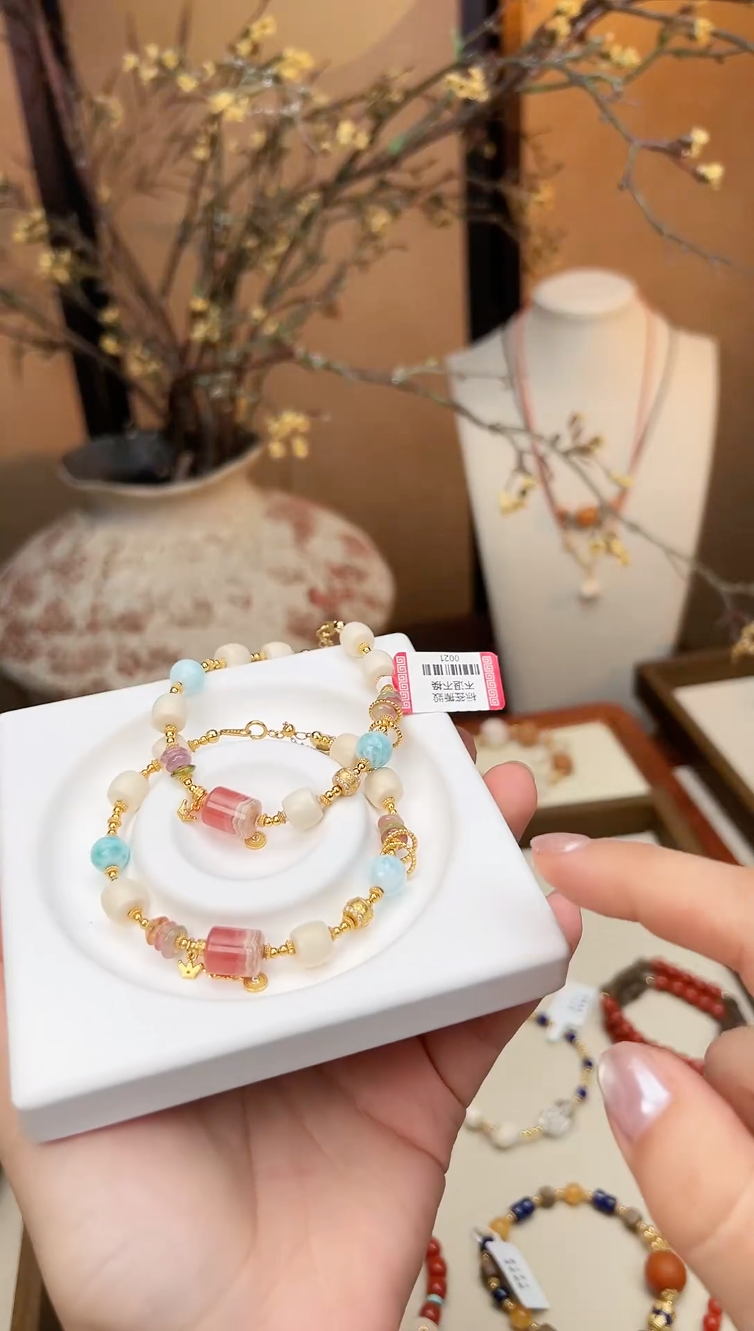 银S925镶嵌菱锰矿（红纹石）手绳念*多样性发一