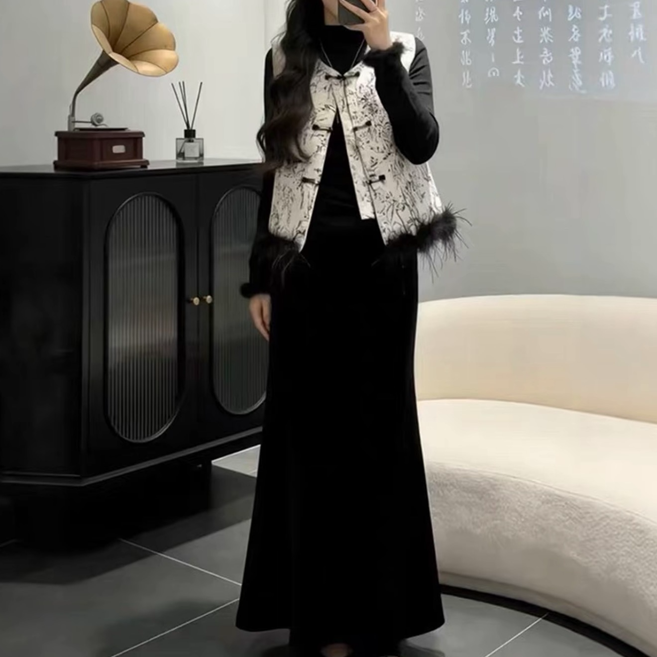 6171冬季穿搭马甲+打底衫大码胖mm新中式提花外穿两件套装