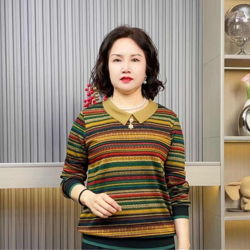 常规条纹薄款休闲风中老年女装针织衫打底衫百搭娃娃领休闲春秋