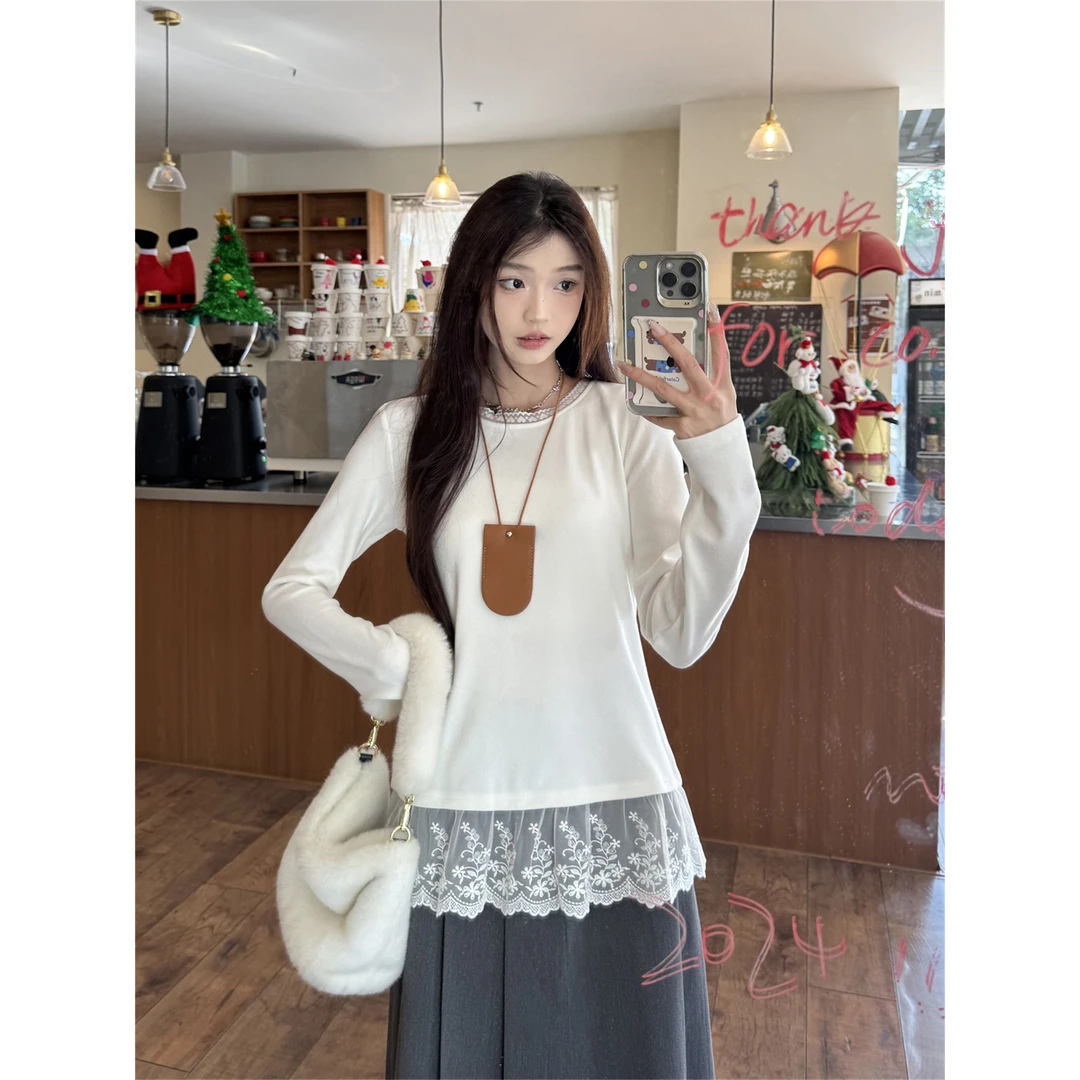 [现货+运费险】白色蕾丝花边正肩长袖t恤女秋冬新款设计感内搭打底