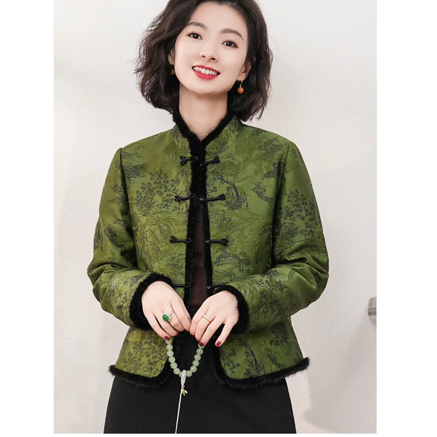 温婉~松绿软烟罗立体提花山水画水貂毛拼接保暖外套JS87