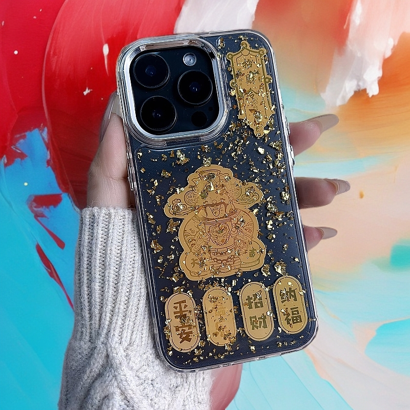 电镀透明TPU滴胶壳适用苹果华为小米手机壳金箔平安喜乐16PRO/15