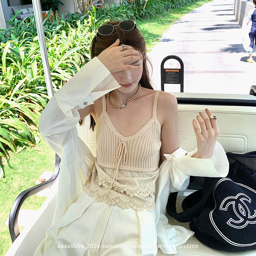 aaaaxbbb 佩尔加蒙博物馆双层花边针织系带背心拼接显瘦吊带折扣