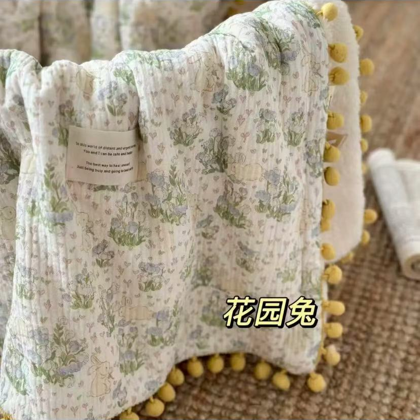 【J·L晶莱】外单 A类品质婴幼级全棉皱皱纱球球款多功能盖毯午睡毯