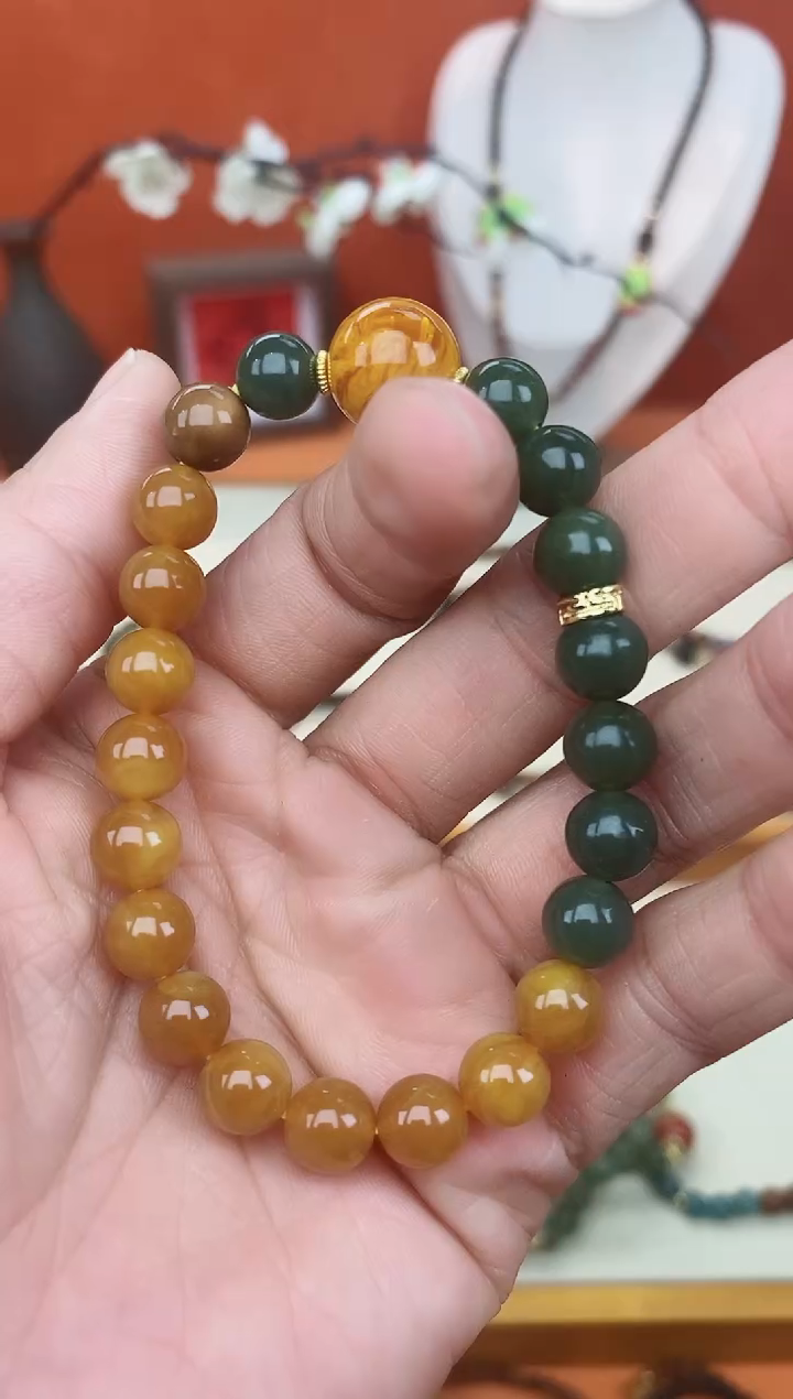 【闪购商品】和田玉手链未镶嵌搭配老蜡单圈