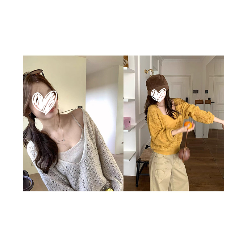 【现货次日发】针织罩衫配背心吊带女早秋V领镂空韩系chic长袖上衣
