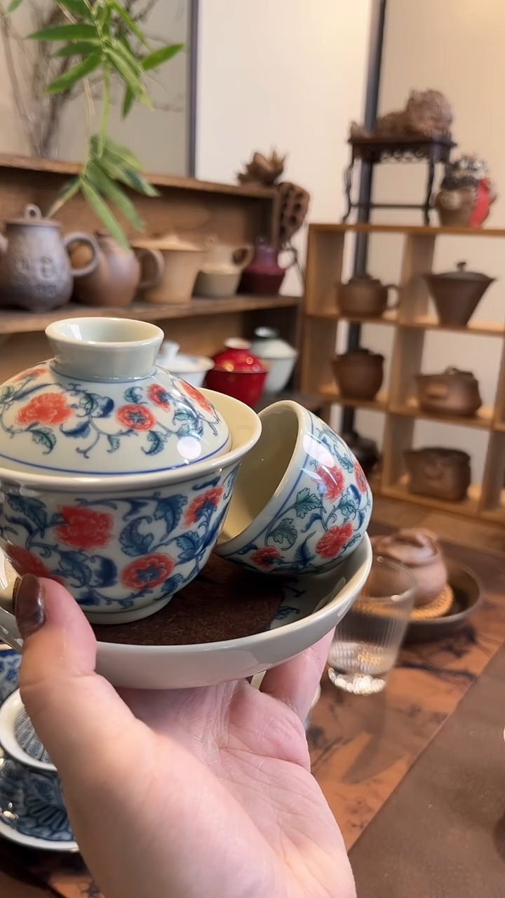 【闪购商品】其他釉里红牡丹三才盖碗+小杯