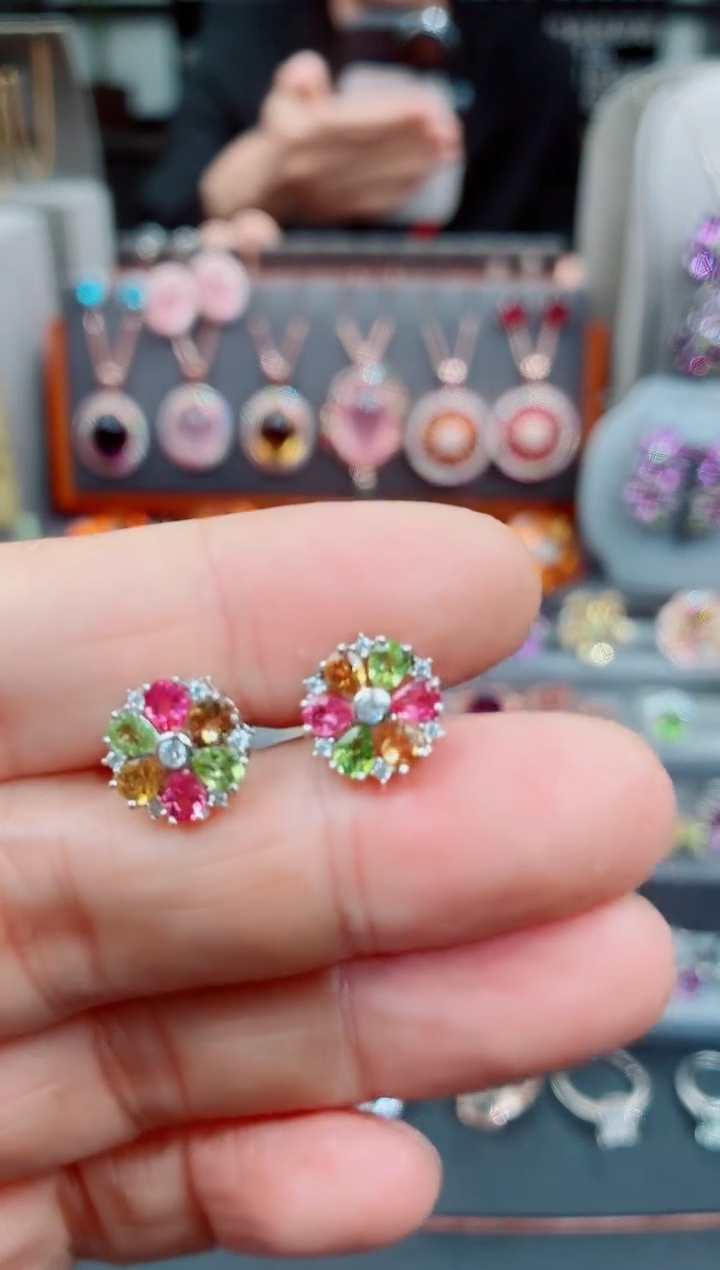 银S925镶嵌耳钉碧玺碧玺耳钉