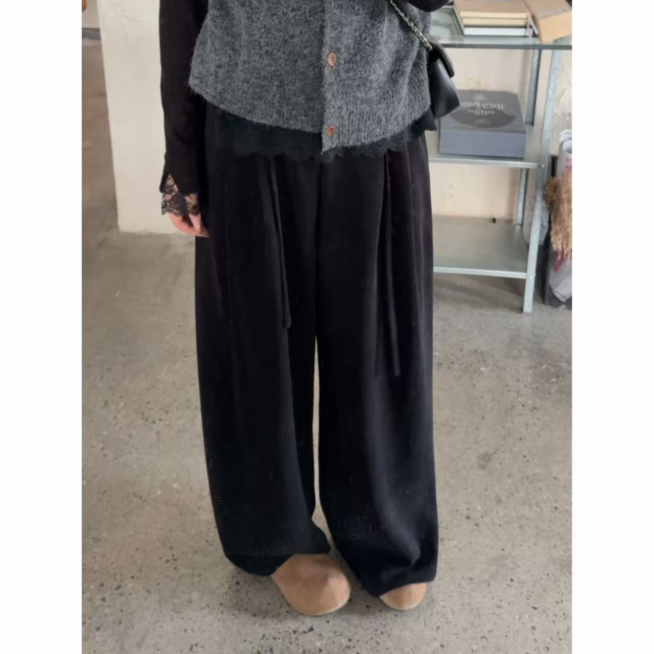 晶咕佳佳【熊猫简报】松紧腰纽扣带抽绳捏褶休闲裤时尚百搭复古