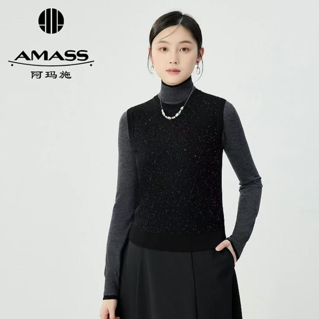 AMASS/阿玛施新款时尚造型镂空亮片圆领无袖套头针织马甲女538015