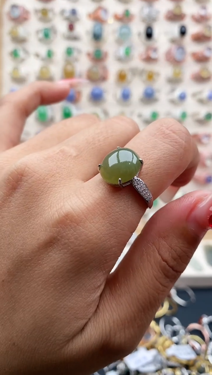 【闪购商品】翡翠戒指银S925镶嵌缅甸天然A货翡翠444  3+3