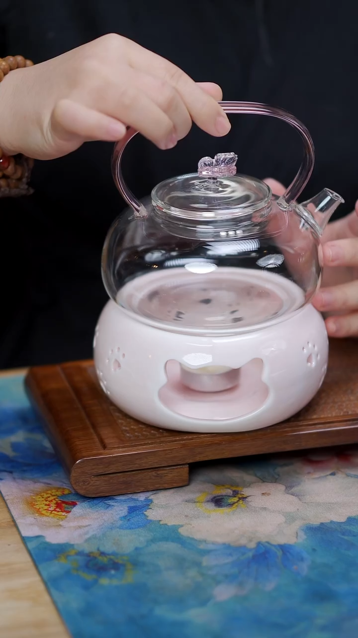 粉色 蝴蝶提梁壶+温茶炉     