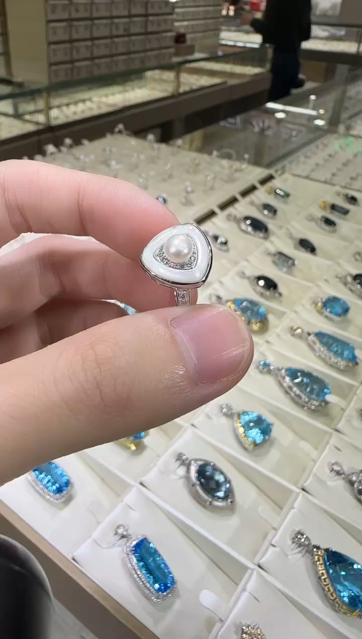 银S925镶嵌戒指淡水珍珠5mm