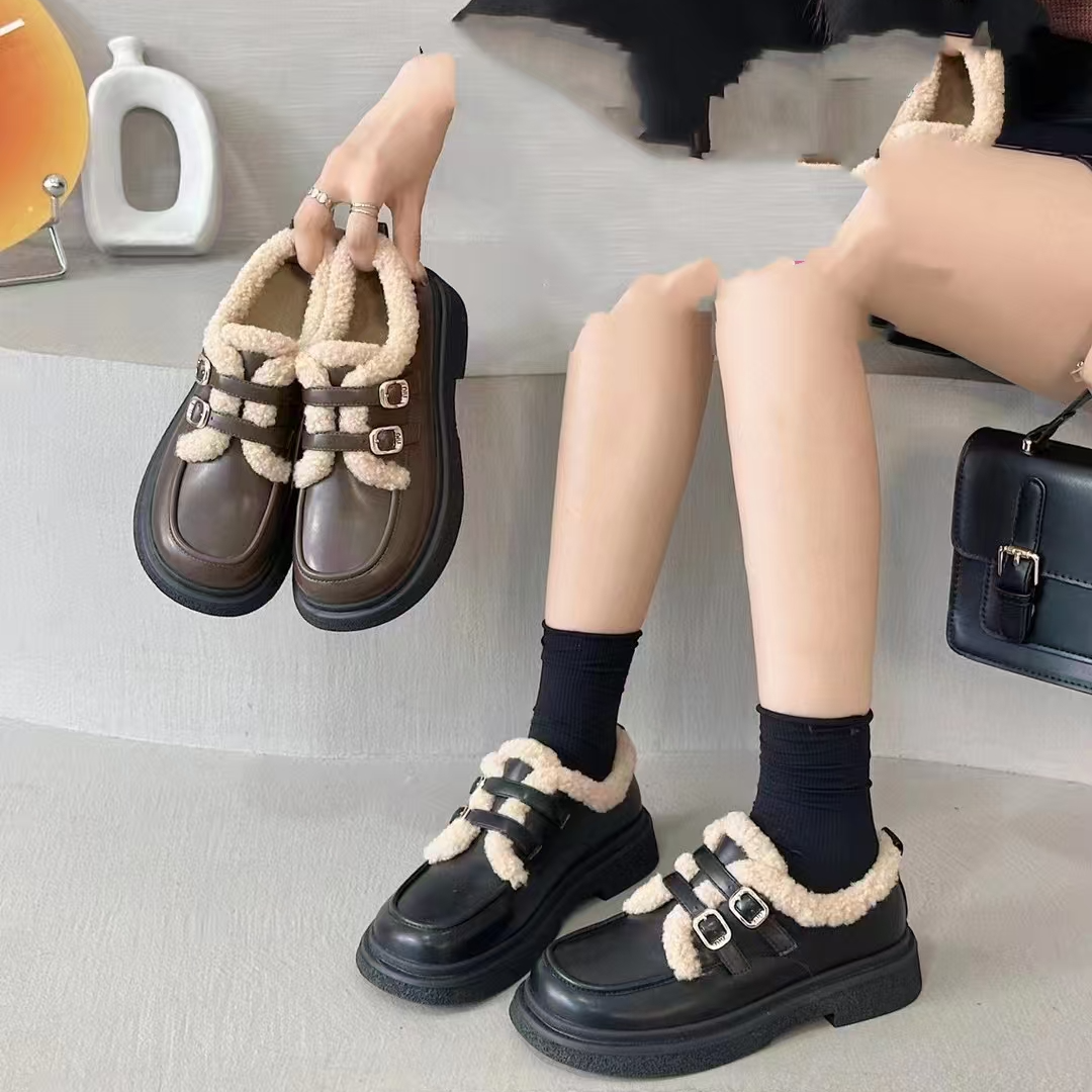 真皮乐福鞋女秋冬厚底雪地靴保暖棉鞋加绒复古毛毛小皮鞋272078
