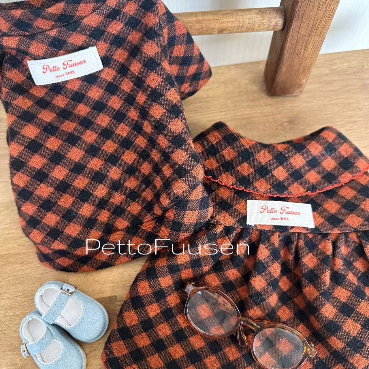 宠物服狗狗韩式复古橘色格子打底衫&连身裙