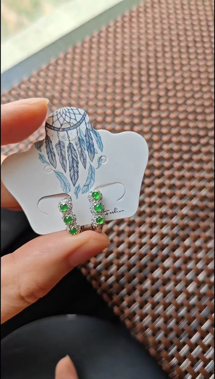 【闪购商品】翡翠耳饰银S925镶嵌翡翠耳饰S925银镶嵌