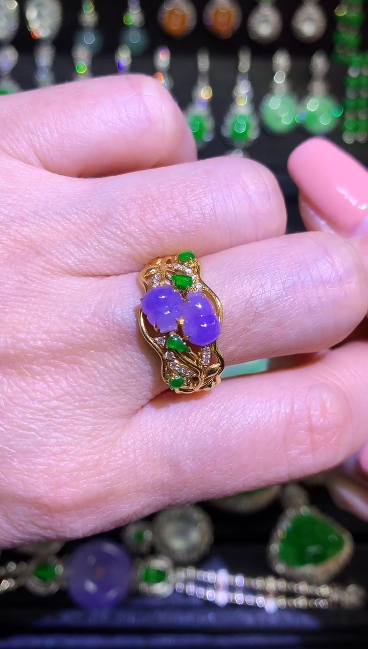 【闪购商品】翡翠戒指18K金镶嵌紫罗兰双葫芦戒指