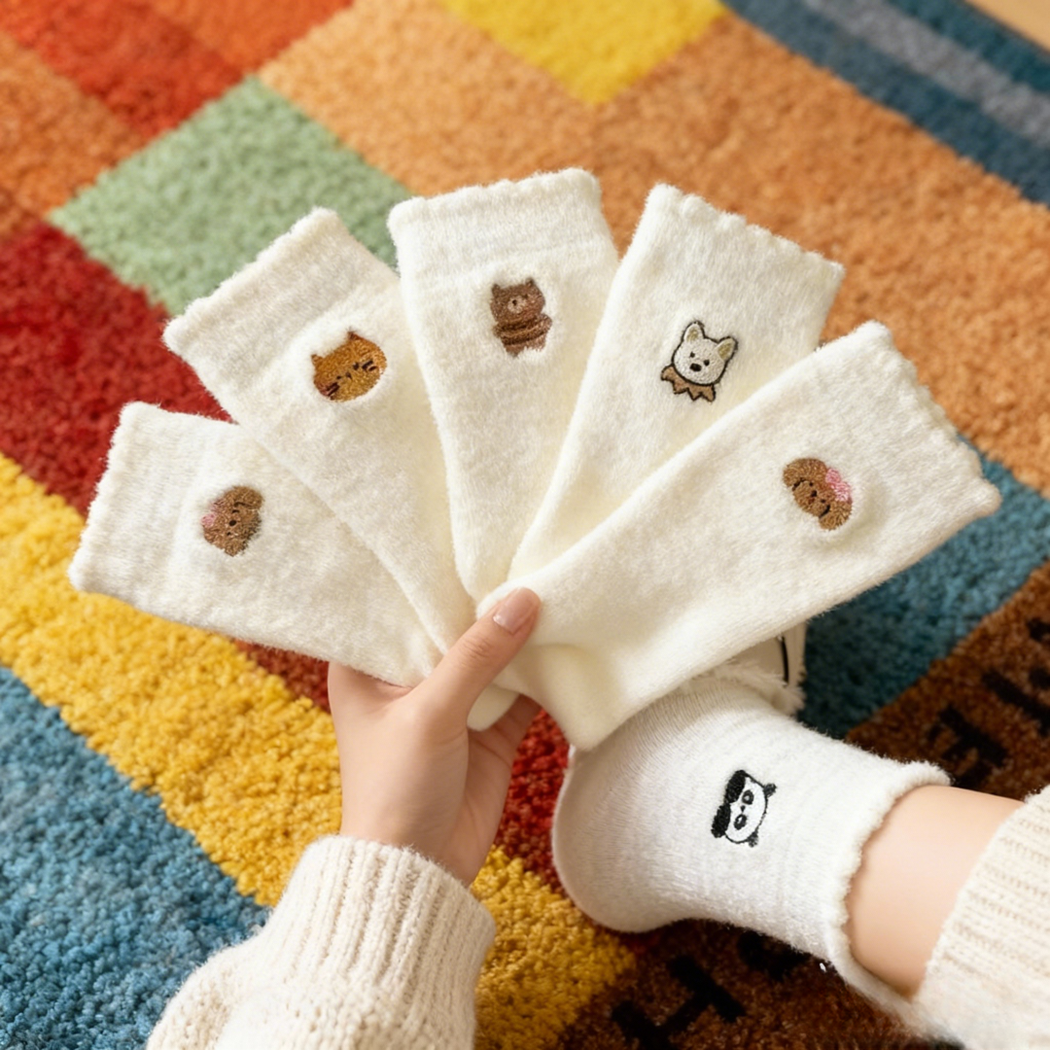 水貂绒绒绒袜可爱卡通动物风透气居家女款中筒袜秋冬保暖透气